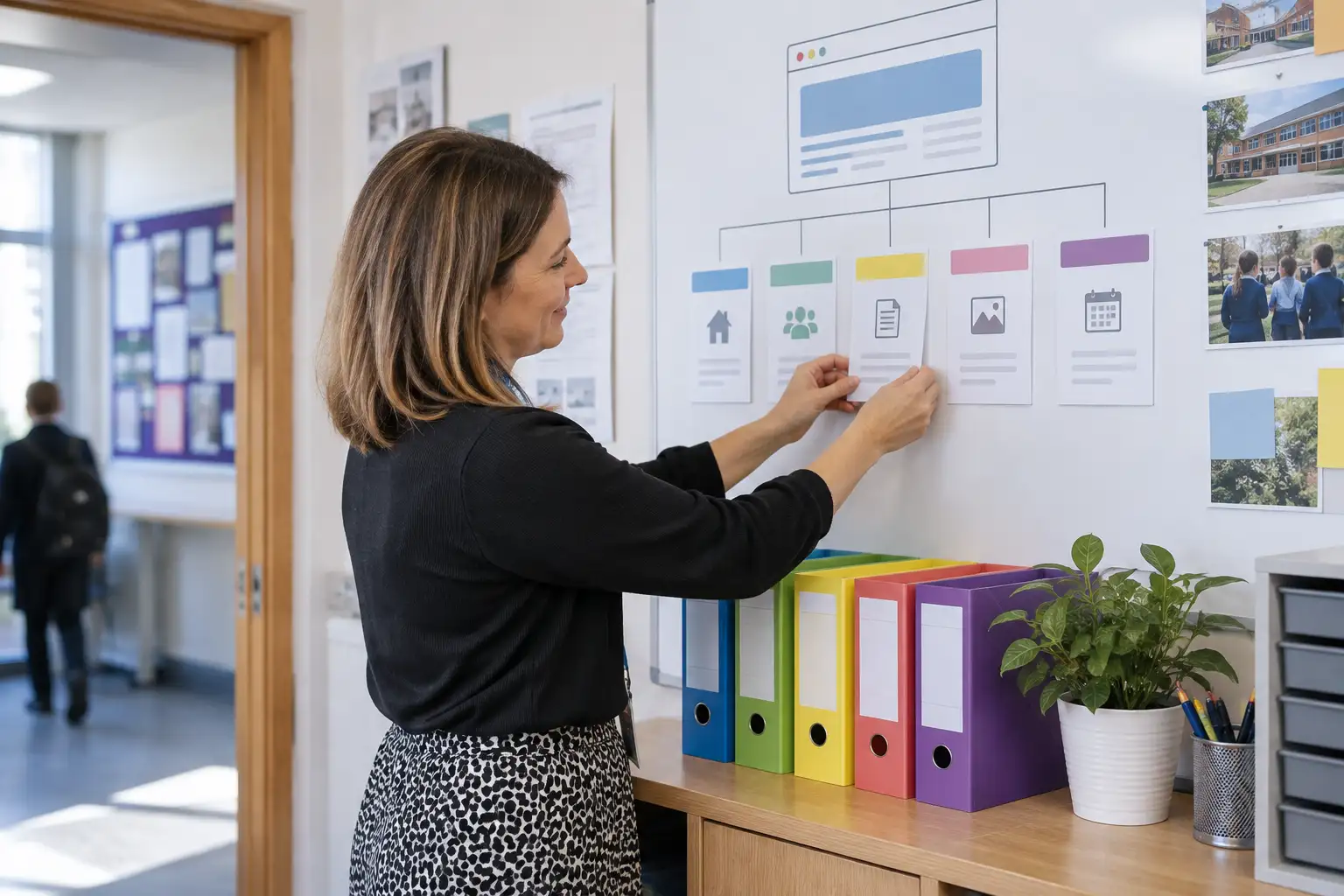 A distinctive, authentic UK school administration setting showing the practical organisation behind an easy-to-manage website. Focus on a staff communications area rather than a generic laptop meeting: a clean workroom wall displays a simple, hand-drawn website page map, clearly labelled content cards and a small set of organised update folders, with a school administrator naturally arranging the materials. Include subtle signs of a contemporary school environment, such as a corridor noticeboard or office storage, without showing personal data, logos or invented branding. The visual should communicate clarity, repeatable processes and reduced administrative effort through the physical order of the space. Use natural daylight, restrained professional colours and a documentary-style composition. Avoid staged business photography, generic teams around a desk, prominent screens, apples, chalkboards and American-style classrooms. | What Makes a School Website Easy for Staff to Manage? | Image option A