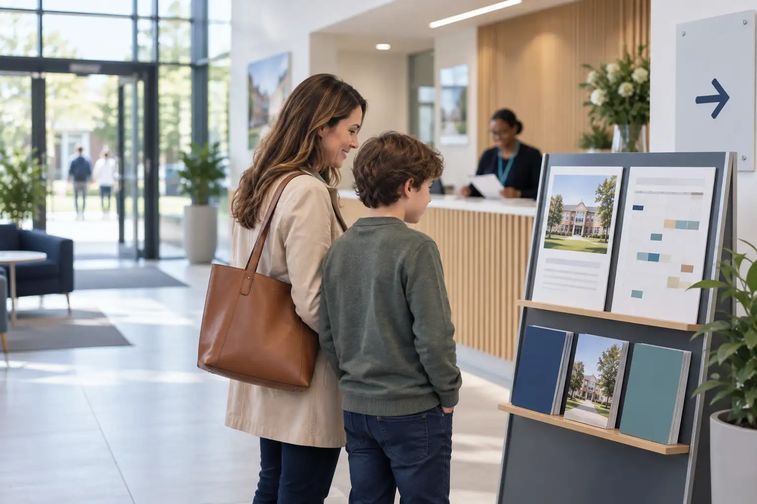 A distinctive, authentic UK school admissions setting focused on the physical journey a prospective family follows through a school environment. Show a welcoming school entrance or reception area with a clearly organised, unbranded admissions information display: a simple visitor route, printed open day information, a calendar of key dates, a prospectus stand and a discreet directional sign towards reception. Include one prospective parent and child naturally reading the information while a member of admissions staff prepares materials in the background, but keep the communication system and welcoming environment as the primary subjects. Use a documentary-style viewpoint with natural daylight, contemporary UK school architecture and restrained professional colours. Avoid invented logos, visible personal data, generic office meetings, laptop-only compositions, staged corporate photography, school uniforms, apples, chalkboards and American-style classrooms. | How School Websites Can Support Admissions Communications